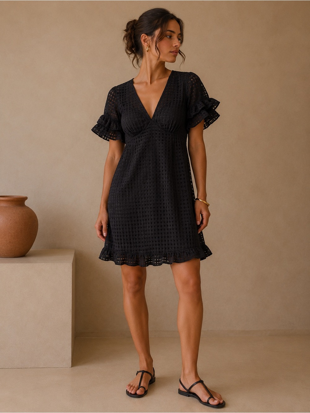 BCBGeneration Black Eyelet V-Neck Ruffle Sleeve Fit & Flare Dress Size 2